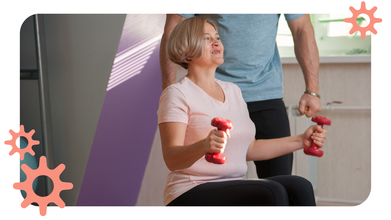 middle aged woman exercising with free weights